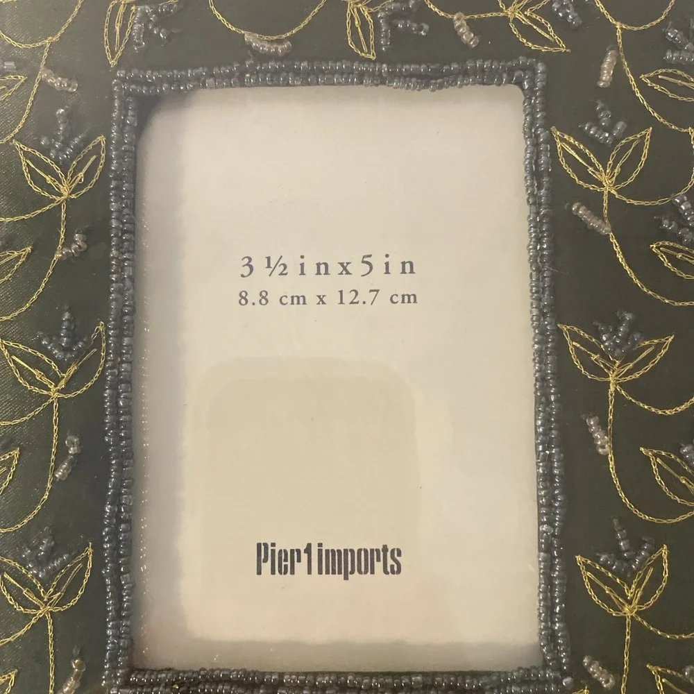 Pier 1 Imports Desktop Frame Green Beaded Embroidered Fabric 3.5x5 photo